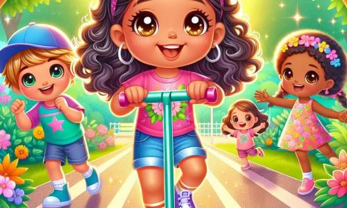 Una niña de 2 años, Lucía, con grandes ojos brillantes y cabello rizado, sonríe alegremente en su patineta rosa. Lleva una camiseta colorida y un short de mezclilla, y su rostro expresa emoción y determinación. A su lado, Pedro, un niño de 3 años con cabello castaño y una gorra azul, la anima levantando los brazos, listo para la carrera. Ana, otra niña de 3 años con trenzas y un vestido de flores, aplaude entusiasmada, lista para apoyar a sus amigos. La escena tiene lugar en un parque soleado, con árboles verdes, flores coloridas y un camino de concreto liso, perfecto para patinar. Lucía y sus amigos se preparan para una gran carrera de patineta, todos sonrientes y llenos de energía, listos para lanzarse por el camino, rodeados de entusiasmo y amistad.