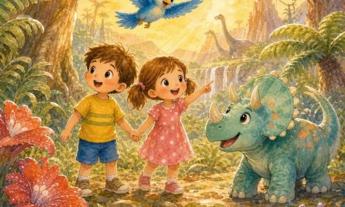 Há quatro personagens: um menino, Lucas, 4 anos, cabelo castanho curto, camiseta amarela com riscas verdes e calções azuis, segurando a mão de Inês e olhando maravilhado para a esquerda; uma menina, Inês, 4 anos, cabelo castanho em rabo de cavalo duplo, vestido rosa com bolinhas brancas, sorrindo e apontando à frente, à direita de Lucas; um pequeno dinossauro amigável tipo triceratops, pele verde-água com manchas laranja, à frente em baixo à direita abanando a cauda como convite para brincar; e um pássaro falante azul, plumagem azul-azur e olhos vivos, voando acima ao centro com asas abertas a direcionar a atenção para a paisagem. Local: uma clareira pré-histórica colorida com árvores enormes de troncos rugosos, samambaias gigantes e flores exageradas vermelhas e roxas; chão coberto de folhas gigantes e seixos, céu dourado com raios de sol suaves entre os ramos. Situação: as duas crianças descobrem maravilhadas um mundo do passado, de mãos dadas e rindo, cercadas pelo dinossauro que convida ao jogo e pelo pássaro que guia a aventura; cores quentes, formas arredondadas, atmosfera alegre e segura.