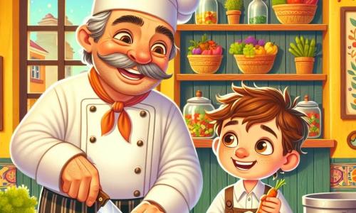 Chef Mircea, un bărbat jovial de aproximativ cincizeci de ani, cu o bonetă albă și un zâmbet strălucitor, stă în spatele unui tejghea din lemn, tăind morcovi cu un cuțit strălucitor. Ochii săi strălucesc de bucurie și entuziasm în timp ce îi învață pe un băiețel. Vlad, un băiat de 8 ani cu părul brunet în dezordine și ochi curioși, stă lângă Chef Mircea, ținând cu grijă un cuțit mic, concentrat pe sarcina sa. Se uită cu admirație la chef în timp ce încearcă să taie un morcov. Locul este un bistro călduros, cu pereți vopsiți în galben viu, rafturi pline cu borcane colorate și ierburi aromatice suspendate de tavan. O fereastră mare lasă să intre lumina soarelui, iluminând scena cu o strălucire blândă. Situația principală arată cum Chef Mircea și Vlad pregătesc împreună o supă, înconjurați de legume proaspete, cu râsete și bună dispoziție în aer, creând o atmosferă veselă și prietenoasă.