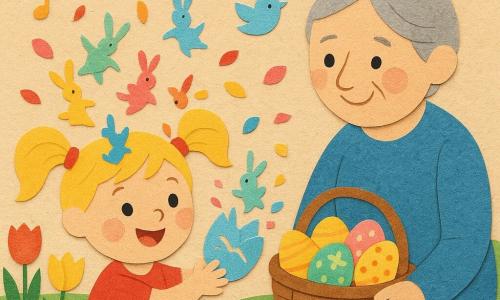Een vrolijk en verwonderd 4-jarig meisje met blonde couettes houdt een open blauw ei vast waaruit kleine konijn-confetti springen; naast haar zit een lieve, glimlachende grootmoeder van ongeveer 65 met grijs haar in een knot en een gevulde rieten mand met beschilderde eieren (geel, groen, roze met eenvoudige stippen, strepen en bloemen) terwijl ze het meisje teder aankijkt; de zonnige tuin heeft felgroen gras, tulpen en margrieten in verzadigde kleuren en enkele gestileerde vogels aan een blauwe hemel; kleine muzieknoten en papieren bloemblaadjes dwarrelen rond; de scène is als een papieren collage uitgevoerd met zichtbare randen, papieren texturen en gelaagde, volle kleuren en simpele vormen geschikt voor 4-jarigen, magisch, warm en speels met sterke contrasten en eenvoudige silhouetten.