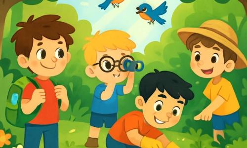 Es gibt 4 Kinder: Max, ein 8-jähriger Junge mit zerzausten braunen Haaren und einem roten T-Shirt, der einen grünen Rucksack mit Ausflugsutensilien trägt; Tom, ein 7-jähriger Junge mit runden Brillen und blonden Haaren, der in einer blauen Shorts Vögel mit einem kleinen Fernglas beobachtet; Leo, ein 8-jähriger Junge mit schwarzen Haaren und einem schelmischen Lächeln, der sich hockt und mit gelben Handschuhen Müll aufhebt; und Finn, ein 6-jähriger Junge mit braunen Haaren und einem Strohhut, der neben einem kleinen Teich steht und auf eine Gruppe von Fröschen zeigt. Die Szene spielt in einem grünen Wald mit großen Bäumen, durch die Sonnenstrahlen scheinen, und bunten Blumen sowie sanft fallenden Blättern am Boden. Ein kleiner Teich funkelt in der Mitte, umgeben von Sträuchern und Steinen. Die Kinder sammeln Müll im Wald, konzentriert und lächelnd, während sie die Schönheit der Natur um sich herum entdecken. Vögel fliegen darüber und Frösche hüpfen fröhlich am Teich.