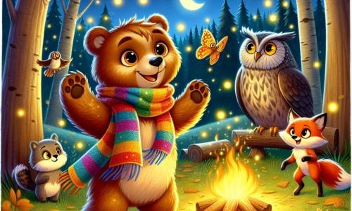 Un joven oso pardo llamado Osi, con un pelaje suave y brillante, se encuentra en el centro de un claro del bosque, con los ojos brillantes de emoción y una gran sonrisa en su rostro. Lleva una bufanda colorida que ondea ligeramente en el viento, mientras levanta los brazos al aire, listo para recibir a sus amigos para la fiesta de Año Nuevo. A su derecha, un viejo búho sabio, Monti, con plumas grises y gafas redondas, observa la escena con una mirada benevolente y una ligera sonrisa, posado en una rama baja de un árbol. A la izquierda, Lila, una astuta zorra de pelaje rojo brillante, baila alegremente alrededor de Osi, con sus ojos brillando de picardía y entusiasmo. El claro está iluminado por luciérnagas centelleantes que vuelan a su alrededor, creando un ambiente mágico. La luz de la luna se refleja en el suelo cubierto de hojas doradas, mientras una gran hoguera crepita en el centro, proyectando sombras danzantes sobre los árboles circundantes. La escena principal muestra a Osi y sus amigos celebrando juntos la noche de Año Nuevo, rodeados de risas y alegría, listos para dar la bienvenida a un nuevo comienzo lleno de aventuras.