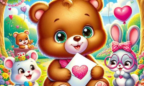 Un oso de peluche llamado Hugo, con un pelaje esponjoso y marrón, se encuentra en el centro de la escena, con los ojos brillantes de emoción y una gran sonrisa en su rostro. Sostiene una carta decorada con corazones en sus patas, listo para entregarla. A su derecha, una pequeña ratona llamada Margarita, con un sombrero de corazón y gafas redondas, mira a Hugo con admiración, sus mejillas rosas delatan su entusiasmo. A la izquierda, una adorable coneja llamada Lila, con un bonito lazo rosa en sus orejas, sonríe alegremente mientras sostiene un paquete de caramelos en forma de corazón. La escena tiene lugar en un parque soleado, lleno de guirnaldas coloridas y globos en forma de corazón flotando en el aire. Árboles con hojas verdes vibrantes rodean el parque, y flores multicolores bordean los caminos. Al fondo, hay una gran mesa con pasteles y golosinas, creando un ambiente festivo y cálido. Hugo, con su carta secreta, está a punto de organizar un intercambio de mensajes de amistad para el Día de San Valentín, rodeado de sus amigos que comparten su alegría y entusiasmo.