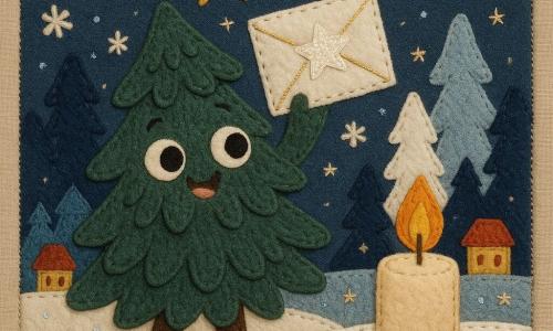 Un piccolo abete di Natale antropomorfo, gioioso e meravigliato, con aghi in feltro verde scuro testurizzato, grandi occhi rotondi ricamati e bocca sorridente, che tiene una lettera bianca scintillante cucita con fili dorati; una candela rotonda e morbida, personaggio secondario, calma e benevola, in feltro crema con fiamma arancione ricamata, su un piccolo piedistallo di stoffa a destra che illumina la scena con un bagliore caldo; fiocchi di neve decorativi in feltro bianco e glitter sparsi intorno, leggeri e danzanti; la foresta innevata è rappresentata da sagome di alberi in tessuto blu notte e bianco, il suolo coperto da un patchwork di neve e stelle cucite, con casette miniatura rosse e gialle in lontananza; la scena principale mostra il piccolo abete che alza la sua lettera verso una grande stella brillante, la lettera scintilla con fili dorati, il cielo scuro è ricamato di stelle, atmosfera calda, magica e dolce, con cuciture visibili e bordi cuciti apparenti.