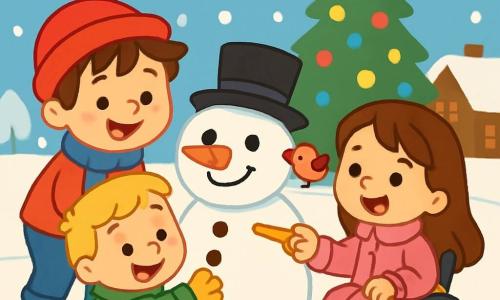 Ci sono 3 personaggi: - Luca: un ragazzo di 7 anni, con i capelli castani disordinati e gli occhi brillanti. Indossa un berretto rosso e una sciarpa blu, mentre sta rotolando una palla di neve. - Marco: un ragazzo di 6 anni, con i capelli biondi e un grande sorriso. È vestito con una giacca verde e guanti gialli, e aggiunge bottoni di cioccolato al pupazzo di neve. - Giulia: una ragazza di 7 anni, con lunghi capelli castani e un viso sorridente. Indossa un bel cappotto rosa e usa un carretto per muoversi, tenendo una carota per il naso del pupazzo di neve. I tre bambini sono riuniti in una piazza innevata, dove un grande albero di Natale brilla di mille luci. La neve copre il terreno come un morbido tappeto bianco, e fiocchi scendono dolcemente dal cielo. Sullo sfondo, case di legno con i tetti innevati aggiungono un tocco caldo alla scena. I bambini stanno costruendo un pupazzo di neve allegro, con un grande sorriso, un naso di carota e bottoni di cioccolato. Ridono insieme, circondati dalla magia del Natale, mentre un uccellino canta sulla spalla di Giulia.
