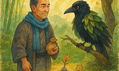 Un uomo di nome Aki, volto segnato ma dallo sguardo dolce e determinato, tiene una piccola borsa di pane in una mano e una sciarpa blu al collo, in piedi al centro di una radura pronto a parlare con il tengu; il tengu, spirito dalle piume nere lucenti e occhi rossi caldi, indossa un mantello di foglie e si appoggia a un ramo come un vecchio albero osservando Aki con curiosità; intorno, piccole sagome di spiriti amici — volpi dalla coda evanescente e tanuki gioiosi — si nascondono tra radici e muschi; la radura è un cerchio di terra color miele contornato da bambù verdi, muschio smeraldo e pietre levigate, con lanterne minuscole che diffondono luce dorata; in primo piano un piccolo altare di pietre lisce porta un fiore secco e un bastone inciso, vicino a un arco di bambù da cui pende una campanella decorata con una piuma; il cielo mostra la montagna velata da nubi basse e raggi di sole dorati filtrano fra le foglie umide; l'atmosfera è calma e magica, di rispetto e speranza: Aki sta offrendo un patto di protezione al tengu sotto una luce morbida.