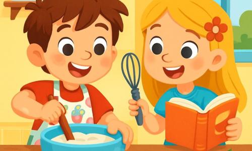 Tomás, un niño de 8 años con cabello castaño despeinado y ojos llenos de curiosidad, mezcla ingredientes en un gran tazón, sonriendo alegremente. Lleva una camiseta roja y un delantal con dibujos de cupcakes, y su mano está cubierta de harina. A su lado, Carla, una niña de 8 años con cabello largo y rubio y una diadema en forma de flor, lo observa con entusiasmo. Sostiene un batidor en una mano y un libro de recetas en la otra, lista para ayudar. El decorado es una cocina luminosa con paredes amarillas pastel, estanterías llenas de frascos de especias coloridos y una ventana abierta que deja entrar la luz del sol. En la mesa, hay ingredientes como huevos, chocolate y frutas, creando un ambiente alegre y creativo. La escena principal muestra a Tomás y Carla preparando un delicioso pastel de chocolate para la fiesta de la escuela, ilustrando la igualdad de género a través de su colaboración y el placer de cocinar juntos.
