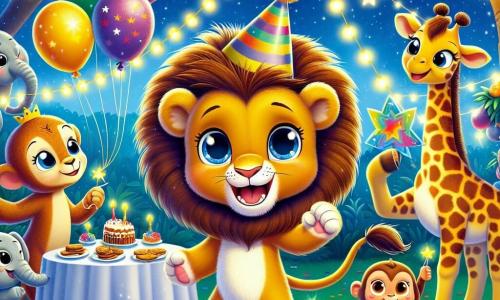 Al centro dell'immagine, un piccolo leone di nome Leo, con una criniera dorata e occhi scintillanti di gioia, balla felicemente sotto un cielo stellato, circondato da ghirlande luminose. Indossa un piccolo cappello colorato e sorride ampiamente, mostrando il suo entusiasmo per la celebrazione del Capodanno. A destra, Giulia, una grande giraffa con macchie marroni e crema, usa il suo lungo collo per appendere decorazioni scintillanti tra i rami degli alberi. A sinistra, Momo, una piccola scimmia dai peli marroni e occhi maliziosi, tiene palloncini colorati, saltellando con energia. In secondo piano, Emma, un elefante grigio dalle grandi orecchie, sta servendo biscotti al miele su un tavolo decorato con frutta fresca. La scena si svolge in una foresta incantata, illuminata, con alberi maestosi adornati di luci scintillanti e decorazioni festose. Leo e i suoi amici stanno celebrando insieme il Capodanno, in un'atmosfera festosa e piena di risate, pronti ad accogliere un nuovo anno ricco di avventure.