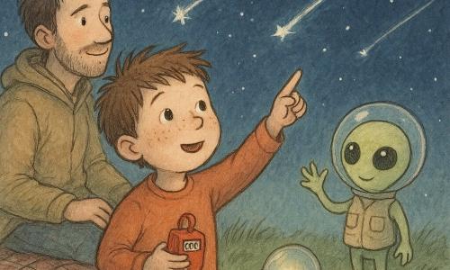 A six-year-old boy with a round freckled face and spiky brown hair, wide-eyed with wonder, holds a small red clicker in his right hand and points at the starry sky; nearby and slightly behind him to the left sits his father, a man in his thirties with light stubble and a warm jacket, smiling kindly from a folded blanket; close by stands a cat-sized pale-green alien with large shiny round eyes, a clear helmet and a small pocketed vest, waving a three-fingered hand beside a tiny silver saucer craft on the short, wind-tousled grass; the night is deep blue with bright meteors streaking across it, the boy and alien count meteors together as the little craft glows softly, creating a gentle, magical atmosphere.