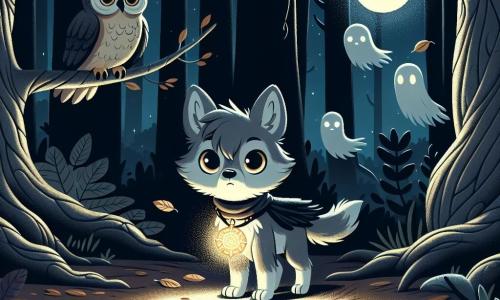Un pequeño lobo llamado Luno, con un suave pelaje gris y ojos brillantes como estrellas, se encuentra valientemente en el centro de un claro oscuro, sosteniendo un amuleto luminoso alrededor de su cuello. Muestra una expresión de determinación y valentía, listo para enfrentar sus miedos. A su derecha, un viejo búho de plumas desgastadas y ojos sabios observa con preocupación, posado en una rama, como si estuviera allí para guiar a Luno. A la izquierda, siluetas fantasmales con ojos brillantes flotan en el aire, sus rostros cubiertos por sombras inquietantes, expresando una amenaza silenciosa. El lugar es un bosque denso, donde los árboles de troncos retorcidos se elevan hacia un cielo estrellado, creando una atmósfera misteriosa y ligeramente aterradora. Hojas caen suavemente alrededor de Luno, mientras una ligera neblina envuelve el suelo, añadiendo un toque de magia inquietante a la escena. La situación principal muestra a Luno desafiando las sombras amenazantes que lo rodean, listo para liberar el poder del misterioso amuleto y restaurar la paz en el bosque, ilustrando el momento en que enfrenta sus miedos con valentía.