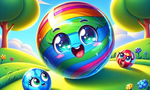 Ein Hauptcharakter, eine farbenfrohe und glänzende Murmel mit Regenbogenmustern, drückt Freude und Aufregung aus, während sie einen sanften Hang aus grünem Gras hinunterrollt. Sie hat funkelnde Augen und ein großes Lächeln, das ihr Glück zeigt, von ihren Freunden umgeben zu sein. Neben ihr schiebt eine runde, glatte blaue Murmel mit einem freundlichen und begeisterten Ausdruck sanft die Hauptmurmel, um ihr beim Vorankommen zu helfen. Ein wenig weiter entfernt schaut eine rote Murmel mit weißen Flecken bewundernd und lächelt, ihre Augen strahlen vor Stolz auf ihre Freundin. Der Ort ist ein sonniger Park, gefüllt mit bunten Blumen und majestätischen Bäumen, wo der Himmel strahlend blau ist und Sonnenstrahlen durch die Blätter filtern. Die Hauptsituation zeigt die drei Charaktere, die zusammen auf einem rutschigen Gras-Hang spielen, ihre Freundschaft und Vielfalt feiern, während eine sanfte Brise die Blumen um sie herum tanzen lässt.