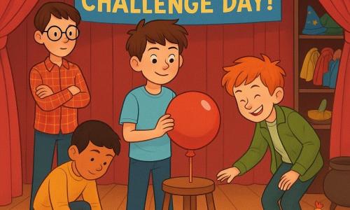 Four boys: Frank, 11, messy brown hair, light blue T‑shirt and jeans, holding a spool of gold ribbon and standing slightly forward at center; Milo, 10, small with tousled red hair and a green jacket, grinning and making a theatrical bow to Frank’s right; Jasper, 11, tall and thin with round glasses and a red plaid shirt, arms crossed and watching seriously to Frank’s left; Owen, 10, stocky with short black hair and slightly shiny shoes, calmly fixing a strip of fabric under his shoes behind Frank to the left. They’re on a varnished wooden theatre stage in a rehearsal workshop: red curtains pulled back, shelves of colorful costumes, a pile of painted cardboard props (gold crown, rubber chicken, black cauldron) and a neon poster on a rack reading IMPOSSIBLE CHALLENGE DAY!. The four rehearse a silent, dramatic challenge: a red balloon on a stool with a small colander as a “helmet,” felted-shoe padding and a chain of bows — controlled movement, comic tension and warm spotlighting.
