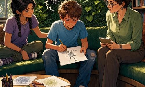 A 12-year-old boy with a flushed face and furrowed brows that are beginning to relax holds a pencil and draws on a sheet; he wears a light blue T-shirt, worn jeans and slightly dirty white sneakers, sitting slightly hunched but calm. A girl of about 12 (Nia) with braided black hair and a reassuring smile sits to his left, legs crossed on the bench, looking compassionate with her hand gently on the bench back. An adult woman (Mrs. Kline, about 40), a school counselor with short brown hair, round glasses and a light green shirt, sits to the right on the same bench, leaning toward them with a calm attentive expression and holding a small notebook. The setting is a school library resting corner with dark green upholstered benches, a light wood coffee table scattered with pencils and paper, a lush vertical plant wall with ferns and glossy leaves, and soft light filtered through large windows. The main scene shows the boy drawing a small stick figure with spirals on its belly and wavy lines near its nose; visual mood: warm soothing colors, clean comic-style lines, small graphic symbols (spirals, sparks) indicating a "disgust" emotion calming, atmosphere of support and calm.