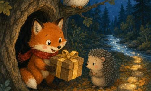A small red fox (main character) with bright eyes and rosy cheeks wearing a red scarf gently pulls a small wooden box tied with a golden ribbon from the hollow of an old oak, looking amazed and proud; a round white owl (secondary) perches above on a branch with folded wings and a kindly gaze, and a gray spiky hedgehog (secondary) stands beside a carpet of leaves, curious and shy, watching the box; the night forest of rough-trunked trees and dark green leaves shows a silver stream glinting under a soft moon and a row of tiny shining pebbles forming a luminous path; main situation: discovering a hidden treasure in a tree hollow at night, magical warm atmosphere, warm colors for the fox and box, soft washed blues for the sky and forest, visible gouache texture, gentle childlike lines.