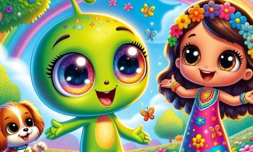 Tinky, ein kleiner grüner Außerirdischer mit großen, runden, sternenähnlichen Augen, steht auf einem bunten Boden und lächelt voller Staunen, während er einen wunderschönen Regenbogen am Himmel betrachtet. Er hat einen kleinen lächelnden Mund und dünne Arme, die fröhlich ausgestreckt sind. Neben ihm tanzt Mia, ein kleines menschliches Mädchen mit langen braunen Haaren und einem strahlenden Lächeln, begeistert. Sie trägt ein buntes, blumenverziertes Kleid und ihre Augen funkeln vor Freude. Ein kleiner Hund mit goldenem Fell, der glücklich aussieht und mit dem Schwanz wedelt, steht in ihrer Nähe und schaut sie bewundernd an. Die Szene spielt in einem lebhaften Park, der mit bunten Blumen, schimmernden Blättern und einem klarblauen Himmel mit flauschigen weißen Wolken gefüllt ist. Bunte Vögel fliegen umher und tragen zur Magie des Ortes bei. Die Hauptsituation zeigt Tinky, Mia und den kleinen Hund, die die Rückkehr der Farben im Park feiern, umgeben von einer fröhlichen und strahlenden Atmosphäre, die die Freundschaft und die Magie einer Welt voller Wunder illustriert.