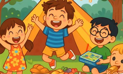 Hay 4 niños: - Martín: un niño de 9 años, con el cabello castaño desordenado y una gran sonrisa. Lleva una camiseta a rayas azul y un pantalón corto amarillo. Está en el centro de la imagen, saltando de alegría. - Lucía: una niña de 8 años, con el cabello largo y ondulado, atado en dos coletas. Lleva un vestido de flores coloridas y sandalias. Está a la izquierda de Martín, levantando los brazos, llena de entusiasmo. - Diego: un niño de 9 años, con el cabello negro y gafas. Lleva una camiseta verde y un pantalón corto azul. Está a la derecha de Martín, riendo y sosteniendo una caja de juegos de mesa. - Sara: una niña de 6 años, con el cabello rubio y trenzas. Lleva una camiseta rosa y una falda de lunares. Está sentada en la hierba, al lado de Diego, comiendo un gofre. El lugar es un jardín verde, lleno de flores coloridas y árboles majestuosos. En el centro, hay una gran tienda de campaña decorada con guirnaldas luminosas. Hay cojines de colores esparcidos y una mesa de picnic llena de deliciosos aperitivos. La situación principal muestra a los niños divirtiéndose juntos, riendo y compartiendo historias bajo las estrellas brillantes, creando recuerdos inolvidables de un verano mágico.