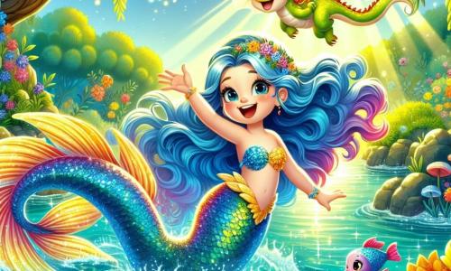 Uma sereia chamada Lúcia, com longos cabelos ondulados em tons de azul e uma cauda cintilante de cores vivas, nada alegremente em um pântano mágico, seu rosto radiante de curiosidade e excitação. Ela é cercada por peixes coloridos que dançam ao seu redor, enquanto sorri, com os braços abertos, pronta para descobrir novas maravilhas. Ao seu lado, um pequeno dragão chamado Draco, com escamas douradas brilhantes e grandes olhos cintilantes de travessura, voa em círculos acima dela, suas asas translúcidas capturando a luz do sol. O cenário é um pântano encantador, onde a água brilha como diamantes sob o sol, e folhas verdes luxuriantes cercam o local, criando uma atmosfera mágica. A situação principal mostra Lúcia e Draco descobrindo um lago escondido, onde uma luz misteriosa brilha ao longe, incentivando-os a se aproximar com admiração e curiosidade, prontos para viver uma nova aventura juntos.