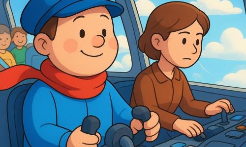 A smiling, serene 35-year-old pilot with a round face and rosy cheeks wearing a bright blue aviator cap and a red scarf sits in a bright cockpit holding the yoke; a focused yet gentle 30-year-old female copilot with short brown hair stands slightly behind him to his right adjusting instruments and looking out the window; blurred happy passengers—children and adults—are belted with colorful seatbelts in the background; the cockpit has large panoramic windows, colorful buttons, blue screens and shiny metal levers with sunlight streaming in; the plane flies above fluffy white cloud pillows under a pale blue sky with gentle wind lines, creating a calm, adventurous mood.