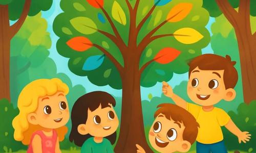 Es gibt 4 Kinder: - Emma: ein 8-jähriges Mädchen mit lockigem, blondem Haar, das ein rosa Blumenkleid trägt. Sie sitzt auf dem Gras, ihre Augen glänzen vor Neugier, während sie den geheimnisvollen Baum betrachtet. - Leo: ein 7-jähriger Junge mit braunem Haar und Sommersprossen, gekleidet in einem gelben T-Shirt und blauen Shorts. Er steht lächelnd da und zeigt mit dem Finger auf eines der bunten Blätter des Baumes. - Mila: ein 6-jähriges Mädchen mit glattem, schwarzem Haar, das eine grüne Bluse trägt. Sie sitzt neben Emma, mit den Händen auf den Knien, und hört aufmerksam zu. - Ben: ein 7-jähriger Junge mit kastanienbraunem Haar und runden Brillen, der einen blauen Pullover trägt. Er steht springend da, voller Energie, mit einem breiten Lächeln im Gesicht. Der Ort ist eine verzauberte Lichtung, umgeben von majestätischen Bäumen mit dicken Stämmen und leuchtend grünen Blättern. In der Mitte strahlt ein Baum mit bunten Blättern unter der Sonne, dessen Äste sich wie einladende Arme ausstrecken. Bunte Blumen bedecken den Boden, und Lichtstrahlen filtern durch das Laub und schaffen eine magische Atmosphäre. Die Hauptsituation zeigt die Kinder, die sich um den Baum versammelt haben, fasziniert von seinen bunten Blättern. Sie halten sich an den Händen und bilden einen Kreis, bereit, ihre Fragen an den geheimnisvollen Baum zu stellen, der ihnen scheinbar Geheimnisse zuflüstert.