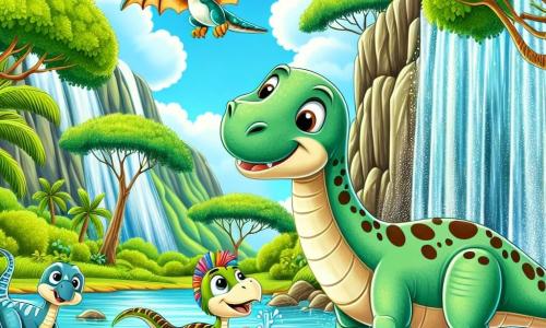 Ein großer und sanfter Diplodocus namens Dino, mit einem langen grünen Hals und braunen Flecken auf seinem Rücken, steht neben einem wunderschönen, funkelnden Wasserfall, seine Augen leuchten vor Freude und Staunen, während er mit seinem großen Schwanz Wasser spritzt. Neben ihm springt ein kleiner, schelmischer Velociraptor namens Rafi, mit bunten Federn und einem verschmitzten Lächeln, ins Wasser, seine Hinterbeine spiegeln sich in der Sonne. Ein Pterosaurier namens Piri, mit glänzenden Flügeln und einem neugierigen Kopf, fliegt über sie hinweg, bereit, ins Spiel einzutauchen. Die Szenerie ist eine üppige Landschaft, gefüllt mit großen Bäumen mit grünen Blättern, bunten Blumen und glatten Steinen, unter einem hellblauen Himmel mit weißen Wolken. Die Hauptsituation zeigt Dino, Rafi und Piri, die zusammen Spaß haben, Wasser spritzen und lachen, und eine fröhliche, freundliche Atmosphäre am Rand des wunderschönen Wasserfalls schaffen.