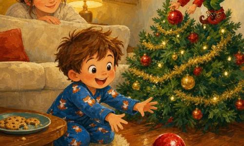 Un niño de 4 años, asombrado y con ojos brillantes, juega en el suelo riendo; cabello castaño despeinado, piel clara, mejillas sonrosadas, viste un pijama azul con pequeños zorros y extiende la mano hacia una bola roja; una mujer adulta (madre, ~30 años), sonriente y con el cabello castaño recogido, está detrás del sofá a la izquierda con la mano en el respaldo y mirada tierna; un duendecillo travieso, con gorro verde puntiagudo, chaqueta roja y zapatos con cascabeles, está en la punta del árbol empujando suavemente una bola brillante; un calcetín navideño rojo y blanco volteado en el suelo y una bola roja rueda sobre un suelo de madera barnizada; salón acogedor con gran árbol decorado con guirnaldas doradas y luces parpadeantes, alfombra de lana crema, plato de galletas medio comido en la mesa baja y luz cálida de una lámpara; escena principal: broma dulce y mágica, el duende hace rodar la bola mientras el niño, maravillado y alegre, intenta atraparla, ambiente cálido y luminoso con texturas de pintura acrílica visibles.