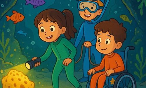 Hay 3 personajes: - Lía: una niña de 7 años, con cabello castaño y ojos brillantes. Lleva un traje de buceo verde y sostiene una linterna pequeña, iluminando el camino en la cueva submarina. - Tomás: un niño de 7 años, con un sombrero azul y gafas de buceo. Tiene cabello rubio y sonríe alegremente. Está un poco atrás, sosteniendo una cuerda atada a la silla de Niko. - Niko: un niño de 7 años, sentado en una silla de ruedas decorada con pegatinas de estrellas. Tiene cabello castaño y lleva un traje de buceo naranja. Está en el centro, observando atentamente a las criaturas marinas que lo rodean. El lugar es una cueva submarina, con paredes cubiertas de algas verdes y piedras brillantes. Peces coloridos nadan a su alrededor y burbujas de aire flotan hacia la superficie. La luz de la linterna de Lía crea reflejos dorados en el agua, iluminando la escena mágica. La situación principal muestra a los niños descubriendo una gran esponja marina que emite un suave murmullo. Se acercan con curiosidad, listos para escuchar y ayudar a una tortuga herida que se encuentra cerca.