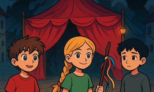 Ci sono 3 personaggi: - Luca: un ragazzo di 10 anni con capelli castani disordinati e occhi brillanti come stelle. Indossa una maglietta rossa e pantaloni blu, si trova a sinistra, guardando con curiosità il tendone. - Marta: una ragazza di 9 anni con lunghi capelli biondi intrecciati e un sorriso coraggioso. Indossa un vestito verde e tiene un bastone decorato con nastri colorati, si trova al centro, pronta ad avanzare. - Enrico: un ragazzo di 10 anni con capelli neri e occhi tristi. Indossa un maglione grigio e pantaloni neri, si trova a destra, un po' in disparte, ma con uno sguardo pieno di speranza. La scena si svolge sotto un grande tendone rosso, che fluttua misteriosamente al centro di una piccola piazza del villaggio. Il cielo è scuro, punteggiato di nuvole minacciose, mentre ombre danzano intorno al tendone, creando un'atmosfera magica e spaventosa. Lanterna scintillanti sono appese ai pali, aggiungendo un tocco di luce nella notte. I tre bambini sono di fronte al tendone che sembra vivo, con pieghe che si muovono come se respirasse. Luca e Marta avanzano coraggiosamente, mentre Enrico, un po' in disparte, guarda con una luce di speranza negli occhi. L'aria è carica di mistero e una leggera brezza fa tremare i tessuti del tendone, creando un'atmosfera intrigante e affascinante.