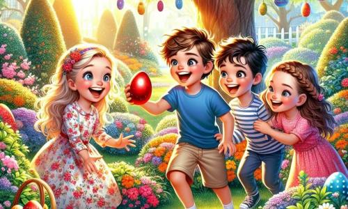 Un ragazzo di 10 anni, di nome Luca, con capelli castani disordinati e occhi scintillanti di gioia, sta cercando uova di Pasqua in un giardino soleggiato. Indossa una maglietta blu e pantaloni corti beige, e ha un grande sorriso sul volto, pieno di eccitazione. Accanto a lui, Sara, una ragazza di 9 anni con capelli biondi intrecciati e un vestito rosa a fiori, è accovacciata mentre raccoglie un uovo rosso brillante trovato sotto un cespuglio. Marco, un ragazzo di 10 anni con occhiali e capelli castani, è in piedi un po' più lontano, punta verso un albero, con un'espressione incantata, come se avesse scoperto qualcosa di speciale. Il giardino è pieno di fiori colorati, grandi alberi verdi e decorazioni pasquali, come uova dipinte appese ai rami. Al centro, una grande coperta a quadretti è stesa, con cestini pieni di dolci e torte. La scena principale mostra Luca e i suoi amici intenti nella caccia alle uova, ridendo e divertendosi, mentre scoprono uova nascoste nel giardino, creando un'atmosfera gioiosa e festosa di Pasqua.