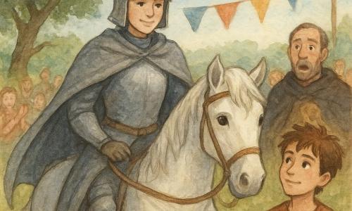 No centro, uma cavaleira chamada Isadora está orgulhosamente em um cavalo branco. Ela usa uma capa cinza flutuante e um elmo brilhante que esconde parcialmente seu rosto, revelando um sorriso calmo e confiante. Ao lado dela, um jovem de 16 anos chamado Tomé, com cabelos castanhos despenteados e olhos cheios de gratidão, está ligeiramente afastado, olhando para Isadora com admiração. Ao fundo, um homem de meia-idade, o mercenário Belar, é visível, vestindo uma capa adornada com um leão bordado, com uma expressão surpresa e confusa. Eles estão em um campo verdejante perto de uma velha oliveira, onde bandeiras coloridas flutuam ao vento e uma multidão de aldeões os cerca, aplaudindo. A cena principal mostra o momento em que Isadora revela a verdade, com expressões de alívio e justiça nos rostos dos personagens.