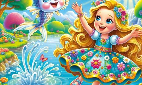 La principessa Laura, una ragazza di circa 8 anni, ha lunghi capelli dorati che brillano al sole. Indossa un vestito colorato, decorato con fiori e farfalle, e il suo viso è illuminato da un grande sorriso di gioia. Sta saltando vicino a un lago cristallino, con le braccia aperte, pronta a divertirsi. Accanto a lei, un pesciolino buffo, con squame scintillanti di blu e argento, salta fuori dall'acqua, mostrando occhi vivaci e pieni di malizia. Sembra voler raggiungere le nuvole, circondato da piccole spruzzi d'acqua. Il luogo è un magnifico giardino incantato, con fiori multicolori che danzano nel vento e alberi maestosi dalle foglie dorate. Il cielo è di un blu splendente, punteggiato da nuvole soffici. La scena principale mostra la principessa Laura e il pesce che saltano insieme, pieni di risate e felicità, mentre i raggi di sole illuminano la loro avventura magica.