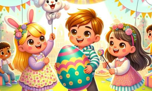 In una grande piazza soleggiata, tre amici si trovano insieme. Luca, un bambino di quattro anni con capelli castani e occhi scintillanti, tiene un grande uovo di Pasqua colorato tra le braccia. Alla sua destra, Sara, una bambina di quattro anni con capelli biondi e un vestito rosa a fiori, guarda l'uovo con curiosità. A sinistra, Tommaso, un bambino di quattro anni con capelli neri e un sorriso malizioso, brandisce un bastone speciale, pronto per l'avventura. La piazza è animata, decorata con ghirlande di fiori e palloncini colorati. I bambini ridono e giocano intorno a loro, mentre un grande coniglio di peluche salta su un carro decorato di fiori. I tre amici stanno risolvendo un indovinello di Pasqua, cercando il coniglio che salta più in alto, circondati da risate e gioia, pronti a scoprire il segreto nascosto nell'uovo.
