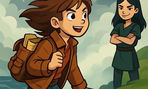 A young explorer, Lyra, stands at the edge of a cliff, her brown hair blowing in the wind. She wears a worn leather jacket and a backpack filled with ancient maps, her face marked by determination and excitement. Her eyes shine with a sense of adventure as she gazes at the mysterious veil of mist before her. Nearby, Vesper, a girl with black hair and sharp features, watches Lyra with a mocking smile. Dressed in a dark tunic and standing slightly back with her arms crossed, she is ready to challenge Lyra. The setting is a steep cliff overlooking a tumultuous ocean, with waves crashing against the rocks below. The sky is heavy with threatening clouds, and thick mist envelops the landscape, creating a mysterious and magical atmosphere. Full of courage, Lyra prepares to cross the veil of mist, while Vesper, with a defiant look, tries to discourage her. The air is charged with tension, and the adventure is about to begin.