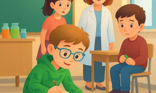 Un băiat de 8 ani, entuziast și concentrat, cu ochelari bleu, hanorac verde cu dinozauri și carnet, este îngenuncheat examinând firimituri de zahăr lângă un borcan răsturnat; o fată (Daria), ~8 ani, cu păr brun în coadă de cal, stă lângă tablă și privește surprins; un băiat (Vlad), ~8 ani, rușinos, stă lângă un calorifer ținând două bomboane verzi; învățătoarea (femeie 30–40 ani), zâmbitoare, poartă o bluză deschisă și privește scena; decor: laborator de științe pentru școala primară cu mese din lemn deschis, borcane colorate pe rafturi, tablă verde și ferestre mari; situația: mică anchetă a urmelor de zahăr, indicii colorate, atmosferă caldă și curioasă de cooperare și descoperire.