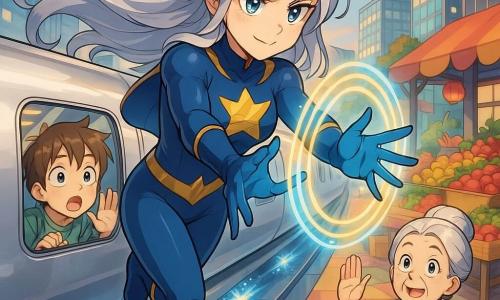 Een superheldin genaamd Nova Starlight, smal gezicht en lange glanzend zilveren haren die zweven, kijkt vastberaden en vriendelijk terwijl ze naast een lange, zilveren maglev-trein zweeft en met uitgestrekte handen blauwe en gouden lichtgolven en luminiscente energieringen projecteert om de trein te vertragen; een jongen van circa 9 jaar met warrig bruin haar en grote geschokte ogen zit tegen het raam geplakt en kijkt vol bewondering met zijn hand op het glas; een ongeveer 70-jarige vrouw met wit haar in een knot en eenvoudige kleding houdt een mandje met appels en wuift dankbaar vanaf het perron enkele meters achter de trein; de maglev is glad als gepolijst met ovale ramen en magnetische vonken onder het chassis die zacht rondvallen terwijl hij over een glanzende stedelijke baan glijdt; het decor is een kleurrijke marktplaats langs de rails met rood- en geelgekleurde fruitkramen, zwevende lantaarns, moderne glazen gebouwen en een pastelkleurige ochtendlucht; passagiers tonen een mengeling van angst en opluchting; visuele stijl: scherpe mangalijnen, felle contrastkleuren, zacht maar dynamisch licht met metaalreflecties en overdreven expressies.