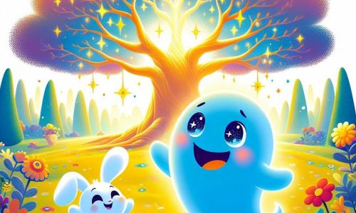 Un pequeño fantasma azul llamado Nube flota alegremente en un claro encantado, con una sonrisa radiante y ojos chispeantes de felicidad. Su cuerpo es translúcido y suave, como una nube, y emite un brillo cálido. A su lado, un pequeño conejo llamado Salta, un niño de grandes orejas y pelaje blanco, salta con entusiasmo, sus ojos brillando de curiosidad, listo para jugar. El lugar es un claro mágico, rodeado de árboles majestuosos con hojas brillantes, flores coloridas que bailan al ritmo del viento y un cielo dorado que ilumina la escena. En el centro, un árbol majestuoso, con ramas anchas y frondosas, parece dormido, con una corteza brillante que llama a ser despertada. La situación principal muestra a Nube y Salta frente al árbol mágico, Nube emitiendo una suave luz, mientras cantan juntos para despertar al árbol dormido, llenos de esperanza y amistad.