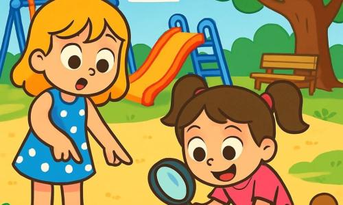 Há 2 personagens principais: Ana, uma menina de 7 anos com cabelos dourados como o sol, vestindo um vestido azul com bolinhas brancas, que está em pé, com os olhos arregalados, apontando para uma pétala no chão; e Bia, uma menina de 7 anos com cabelos castanhos presos em duas tranças, usando uma camiseta rosa e um short jeans, que está agachada, examinando a pétala com uma lupa, com um grande sorriso no rosto. A cena acontece em um parquinho colorido, cheio de balanços e escorregadores, com o chão coberto de areia dourada e flores multicoloridas ao longo do caminho. Ao fundo, uma grande árvore com folhas verdes brilhantes oferece sombra, e um pequeno banco de madeira está colocado sob suas ramas. A situação principal mostra Ana e Bia investigando a flor desaparecida, descobrindo uma pétala no chão, com olhares curiosos e excitados. Um pequeno esquilo marrom, com grandes olhos brilhantes, está juntando pétalas para seu ninho, adicionando um toque de magia à cena.