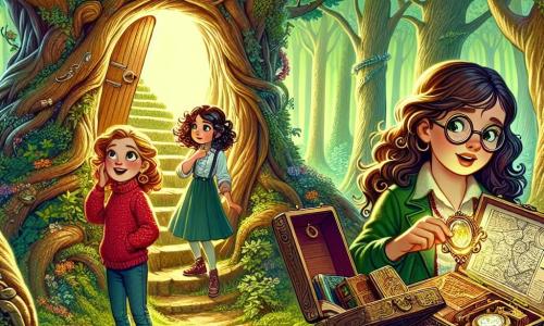 Em uma clareira encantada, três meninas estão juntas, prontas para a aventura. Clara, a líder, tem 10 anos, cabelos castanhos e óculos redondos, segurando um velho medalhão brilhante com curiosidade. Ao lado dela, Sofia, também de 10 anos, com cabelos loiros trançados e um suéter vermelho, examina um livro antigo com mapas, os olhos brilhando de empolgação. Por fim, Mia, uma menina de 9 anos com cabelos cacheados e um sorriso travesso, está vasculhando uma caixa cheia de cartas antigas, rindo alegremente. A clareira é cercada por majestosas árvores de folhas verdes brilhantes, com raios de sol filtrando pelas ramas, criando uma atmosfera mágica. No centro, uma grande árvore antiga com um tronco retorcido e uma porta secreta aberta, revelando uma escada em espiral que desce para um mundo misterioso. As três amigas descobrem um caminho secreto levando a uma sala escondida cheia de tesouros e segredos, prontas para desvendar o mistério do passado e viver novas aventuras juntas.