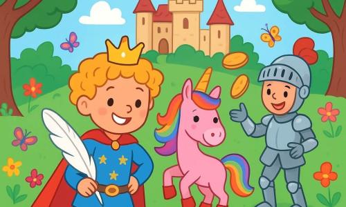 A joyful prince named Pip, with curly golden hair and a bright smile, stands at the center of the image, holding a large fluffy feather in his hand. He wears a blue tunic adorned with star-shaped patterns and a slightly crooked crown, reflecting his mischievous spirit. Next to him, Lady Tilly, a small pink unicorn with sparkling eyes, dances on her front legs, wearing shiny red boots. She has a rainbow mane that glimmers in the sunlight. Further away, Sir Flapjack, a knight in silver armor, juggles golden pancakes, his helmet tilted to the side, revealing a friendly smiling face. The scene takes place in the enchanted garden of the castle, filled with colorful flowers swaying in the wind, multicolored butterflies fluttering around twisted tree trunks, and a jelly fountain sparkling in the sunlight. Prince Pip, with a curious and amazed look, is about to write a magical note on his cloud-white paper, while Lady Tilly and Sir Flapjack encourage him with joyful laughter, creating an atmosphere of happiness and adventure in this fairy-tale kingdom.