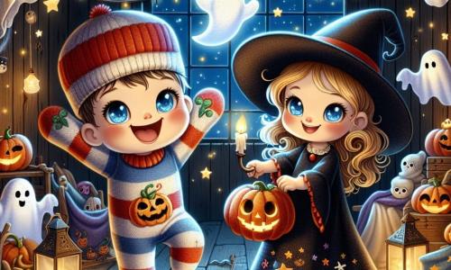 An illustration depicts a little boy shaped like a sock, with sparkling blue eyes and a wide red embroidered smile, joyfully jumping with his arms raised in a festive Halloween atmosphere. Next to him is a little girl with curly golden hair, dressed as a witch with a pointed hat, smiling in wonder while holding a pumpkin-shaped lantern. In the background, a translucent little ghost with curious eyes floats happily, adding a touch of magic to the scene. The main setting is an old attic filled with forgotten treasures, featuring dark wooden walls, sparkling cobwebs, and a ceiling decorated with softly glowing painted stars. The main action shows the boy and girl decorating the attic for Halloween, surrounded by twinkling lanterns and spooky decorations, creating a joyful and magical atmosphere. Additional elements include carved pumpkins, paper ghost garlands, and a soft light illuminating the room, making it warm and inviting.
