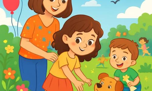 Uma menina de 8 anos, Sofia, com cabelos castanhos cacheados e olhos brilhantes, está no centro da imagem, com um sorriso tímido no rosto e as bochechas levemente rosadas de excitação. Ela estende a mão para um cachorro amigável, um pequeno cão de pelo marrom claro chamado Tobi, que está aos seus pés, com a língua de fora e um olhar alegre. Ao lado dela, sua mãe, uma mulher de cerca de trinta anos com cabelos castanhos e uma blusa colorida, a encoraja com um sorriso caloroso, mantendo-se um pouco afastada para dar espaço. Um menino pequeno, Tomás, seu irmão de 5 anos, está brincando com um brinquedo em forma de osso a alguns passos, rindo e chamando a atenção de Tobi. A cena acontece em um jardim ensolarado, cheio de flores coloridas, vegetação luxuriante e balões flutuantes, criando uma atmosfera alegre e festiva. Ao fundo, crianças brincam e correm, acrescentando à festa. Sofia, com uma mistura de excitação e nervosismo, está prestes a acariciar Tobi pela primeira vez, superando seu medo de cães, enquanto o sol brilha e pássaros cantam no céu azul.