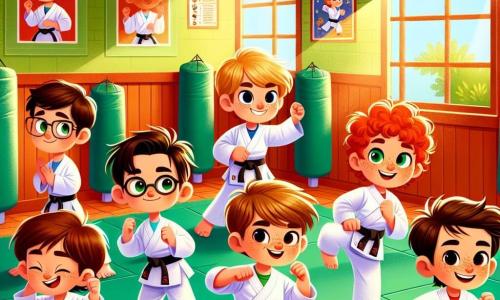 In a colorful dojo, six six-year-old boys are training in karate. Sam, a boy with brown hair and sparkling eyes, stands in the center, ready to execute a kick. To his right, Leo, with messy blonde hair and a big smile, encourages him by raising his arms. Max, a boy with black hair and glasses, watches attentively, noting every move. Ben, with red hair and freckles, jumps enthusiastically, while Tom, a boy with brown hair, pauses with a smile, and Jake, the smallest in the group with curly hair, claps for his friends. The dojo is filled with green mats and walls decorated with karate posters. Sunlight streams through the windows, creating a warm and welcoming atmosphere. The boys are preparing for a friendly challenge against another karate team, showcasing their best kicking techniques and teamwork. Excitement is palpable as they get ready to give their best in this joyful competition.
