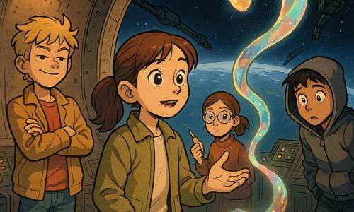 A 12-year-old girl, Mina, with large bright eyes and a calm, amazed expression, chestnut ponytail, wearing a khaki jacket and jeans, reaches out palm open toward a floating translucent alien; a 12-year-old boy, Jax, with tousled dark-blond hair and a confident smile, arms crossed, stands slightly behind to the left watching; a 12-year-old girl, Lottie, with round glasses and tied brown hair, holds a small glowing metal pen near a control panel to Mina’s right; a 12-year-old boy, Ravi, in a gray hoodie with hands in his pockets, leans forward slightly behind Mina, half-worried, half-fascinated. The alien, called No Sound, is a floating iridescent glasslike ribbon ending in a cluster of color-changing light points, facing Mina at short range with no visible mouth or eyes but a gentle presence. The setting is the Silent Dock, a large curved metal chamber with a panoramic porthole showing Earth’s curvature, dark docking arms, warm diffuse lighting, scattered console lights, and scratched metal-plated floor. The scene: a silent warm first contact — Mina and the creature greet each other palm to ribbon in a peaceful, respectful atmosphere with warm light and iridescent reflections, framed wide to include the space window in the background.
