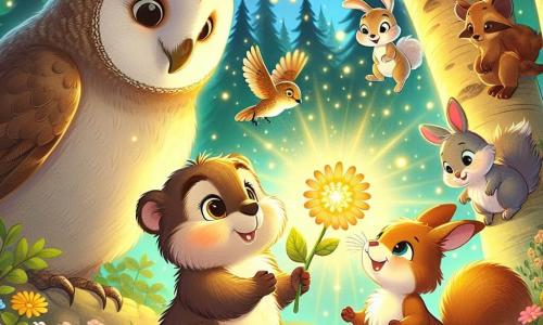 A small groundhog named Molly, with soft brown fur and sparkling curious eyes, stands at the center of the image, smiling in wonder at a bright flower glowing with a gentle golden light. To her right, a wise owl named Benny, with gray feathers and round glasses, perches on a branch, observing the scene kindly. On the left, Clara, a joyful rabbit with large ears and white fur, jumps for joy, while Leo, a squirrel with reddish fur and a bushy tail, climbs a rock, ready to explore. The setting is an enchanted forest, with majestic trees and vibrant green leaves, sunlight filtering through the branches, and colorful flowers scattered on the ground. In the background, a friendly brown bear stands near the flower, smiling and welcoming. The main scene shows the friends gathered around the magical flower, sharing laughter and stories, illustrating the importance of friendship and sharing in a fairy-tale and warm setting.