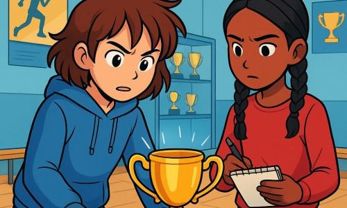 Emma, a 12-year-old girl with messy brown hair and sparkling curious eyes, is wearing a blue hoodie and jeans. She stands in front of a table with a determined look, examining a shiny trophy that has been moved. Noor, another 12-year-old girl with braided black hair and a serious expression, stands next to Emma, holding a notebook and pen, ready to take notes. The setting is a school gym with light blue walls, bright lights, and trophies displayed in a glass case. Posters of sports competitions decorate the walls, and wooden benches are arranged around the room. The main scene shows Emma and Noor solving the mystery of the missing trophy, with focused expressions on their faces, surrounded by an atmosphere of suspense and excitement.