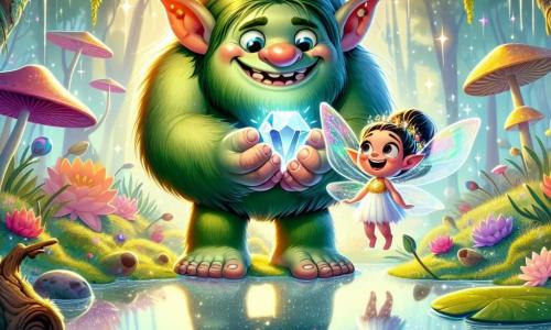 Un troll di nome Tillo, grande e verde, con un sorriso caloroso e occhi rotondi e brillanti, si trova al centro della scena, tenendo una bella gemma scintillante tra le sue grandi mani. Accanto a lui, una piccola fata di nome Lilla, con ali trasparenti e capelli dorati, fluttua gioiosamente, i suoi occhi brillano di felicità. Il pantano magico li circonda, con acque scintillanti, ninfee colorate e fiori giganti dai petali vivaci. Una leggera nebbia danza attorno a loro, creando un'atmosfera incantata. In questa scena, Tillo e Lilla celebrano la scoperta della gemma magica, illuminando il pantano con la loro gioia e amicizia.
