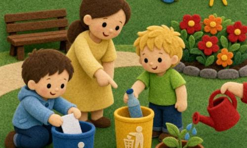 Três personagens: Tomás (~2 anos), cabelo castanho curto, agachado à esquerda a colocar uma folha branca de feltro na lixeira azul; Léo (~2 anos), cabelo loiro despenteado, em pé à direita a depositar uma garrafinha de feltro na lixeira amarela; a mãe (~30 anos), cabelos presos, vestido amarelo claro, atrás deles a apontar a lixeira e sorrir; local: pequeno jardim de parque em feltro com relva verde texturada, banco castanho, caminho bege, canteiro de flores vermelhas e laranja, sol amarelo e alguns passarinhos estilizados; situação: crianças a separar resíduos (azul para papel, amarelo para plástico) enquanto a mãe ensina, ao lado uma planta em vaso a ser regada com um regador vermelho, terra escura e húmida; cores vivas, formas arredondadas, texturas de feltro visíveis, composição simples e centrada para uma criança de 2 anos.