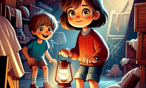 Uma menina de 10 anos, Clara, está no centro da imagem, com cabelos castanhos bagunçados e olhos brilhantes de curiosidade. Ela usa um suéter vermelho e um jeans, segurando uma lanterna que ilumina seu rosto, revelando uma expressão determinada e um pouco assustada. Ao lado dela, seu irmão Miguel, de 12 anos, tem cabelos castanhos e um sorriso zombeteiro, vestindo uma camiseta azul e shorts. Ele observa Clara com uma mistura de preocupação e empolgação, mantendo-se um pouco afastado. O cenário é o velho sótão da casa, cheio de poeira e teias de aranha, com caixas de madeira empilhadas e móveis cobertos com lençóis brancos. Uma luz suave entra por uma janela rachada, criando uma atmosfera misteriosa e levemente inquietante. A situação principal mostra Clara, intrigada, explorando uma velha caixa de madeira, enquanto sombras dançam ao seu redor, sugerindo a presença de um espírito. O contraste entre a luz de sua lanterna e a escuridão ao redor acentua a atmosfera de suspense e aventura.