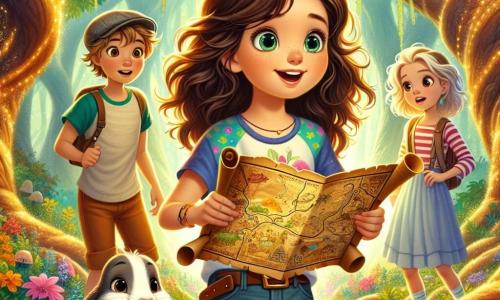 Uma menina de 12 anos, Clara, está no centro da imagem, com grandes olhos brilhantes de curiosidade e cabelos castanhos cacheados caindo sobre os ombros. Ela usa uma camiseta colorida e um short, sorrindo entusiasticamente enquanto segura um velho mapa do tesouro. Ao seu lado, Lucas, um garoto de 11 anos com cabelos loiros bagunçados e um boné, observa o mapa com admiração, os olhos brilhando de excitação. Um pouco atrás, Sofia, uma menina de 11 anos com cabelos longos e lisos, vestida com um vestido leve, observa a cena com um misto de admiração e apreensão, com as mãos na cintura. O cenário é uma floresta mágica, com árvores gigantes de troncos retorcidos e folhas cintilantes, iluminadas por uma luz dourada que filtra entre os galhos. Flores coloridas e criaturas fantásticas, como um porquinho-da-índia que fala e uma coruja sábia, adicionam um toque de magia ao ambiente. A situação principal mostra Clara e seus amigos descobrindo um velho baú escondido atrás de um arbusto espesso, com os rostos iluminados pela descoberta, prontos para abrir o tesouro e começar sua grande aventura.