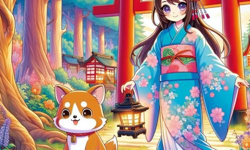 Akiko, uma jovem com longos cabelos negros como tinta, usa um quimono azul decorado com flores de cerejeira. Seu rosto expressa uma determinação suave, com olhos brilhantes de curiosidade. Ela está diante de um grande torii vermelho, pronta para entrar na floresta misteriosa. Ao seu lado, um tanuki travesso, pequeno e redondo, com pelagem marrom e olhos maliciosos, a observa com um sorriso encorajador. Ele está sentado em uma pedra, parecendo ansioso para começar a aventura. O local é uma clareira mágica, cercada por árvores majestosas com troncos retorcidos, cujas folhas brilham com uma luz dourada. Flores coloridas cobrem o chão, e um suave perfume de incenso paira no ar. A cena principal mostra Akiko, com sua lanterna de papel na mão, pronta para cruzar o torii, enquanto o tanuki indica o caminho para a floresta escura, onde sombras dançam e segredos aguardam para serem descobertos.