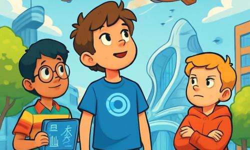 Es gibt drei Charaktere: Mika, ein 11-jähriger Junge mit unordentlichen braunen Haaren und funkelnden Augen, trägt ein blaues T-Shirt mit futuristischem Logo und grüne Shorts. Er steht in der Mitte und schaut neugierig zum Himmel. Samir, ein 11-jähriger Junge mit schwarzen Haaren und runden Brillen, trägt ein bunt gestreiftes Hemd und Cargo-Hosen. Er steht leicht links im Hintergrund und hält ein holographisches Tablet, das Informationen über die Energien der Stadt zeigt. Linus, ein 11-jähriger Junge mit blonden Haaren und Sommersprossen, trägt einen roten Kapuzenpullover und Jeans. Er steht rechts mit verschränkten Armen und einem entschlossenen Gesichtsausdruck und schaut auf das große Raumschiff, das sich entfernt. Der Ort ist das lebhafte Viertel Lumino-City, wo gläserne Gebäude unter einem hellblauen Himmel funkeln. Schwebende Fahrzeuge fahren über die Köpfe der Kinder, während leuchtende Bäume die Straßen säumen. In der Ferne erhebt sich majestätisch das Technologiezentrum, ein futuristisches Gebäude mit organischen Formen, umgeben von summenden Drohnen. Die Hauptsituation zeigt die drei Freunde, die ein fliegendes Schiff beobachten, das sich in Richtung Technologiezentrum entfernt, neugierig auf das Geheimnis der Lichter, die in ihrer Stadt ausgehen. Sie tauschen Ideen über das aus, was passieren könnte, ihre Gesichter erleuchtet von Neugier und Aufregung über das bevorstehende Abenteuer.